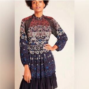 Anthropologie Black and Red Floral Long Sleeve Dress